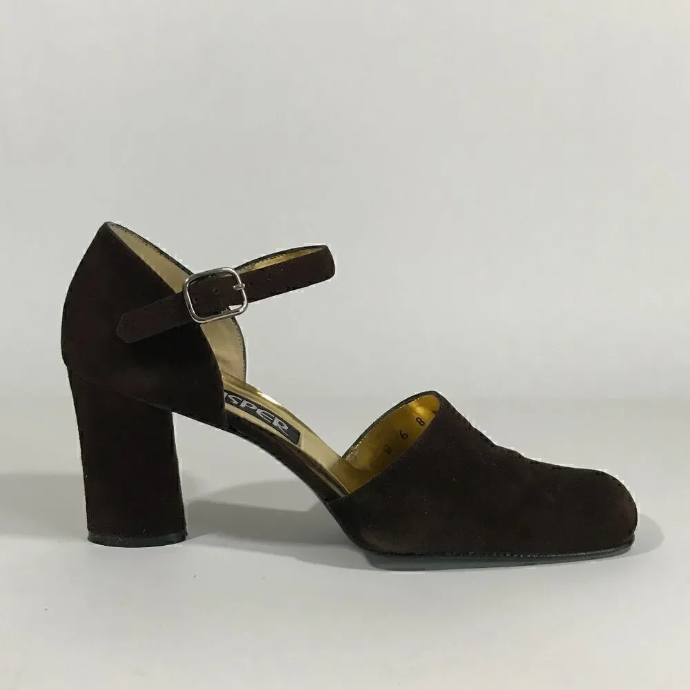 Vintage Kasper Brown Suede Oval Heel wAnkle Strap